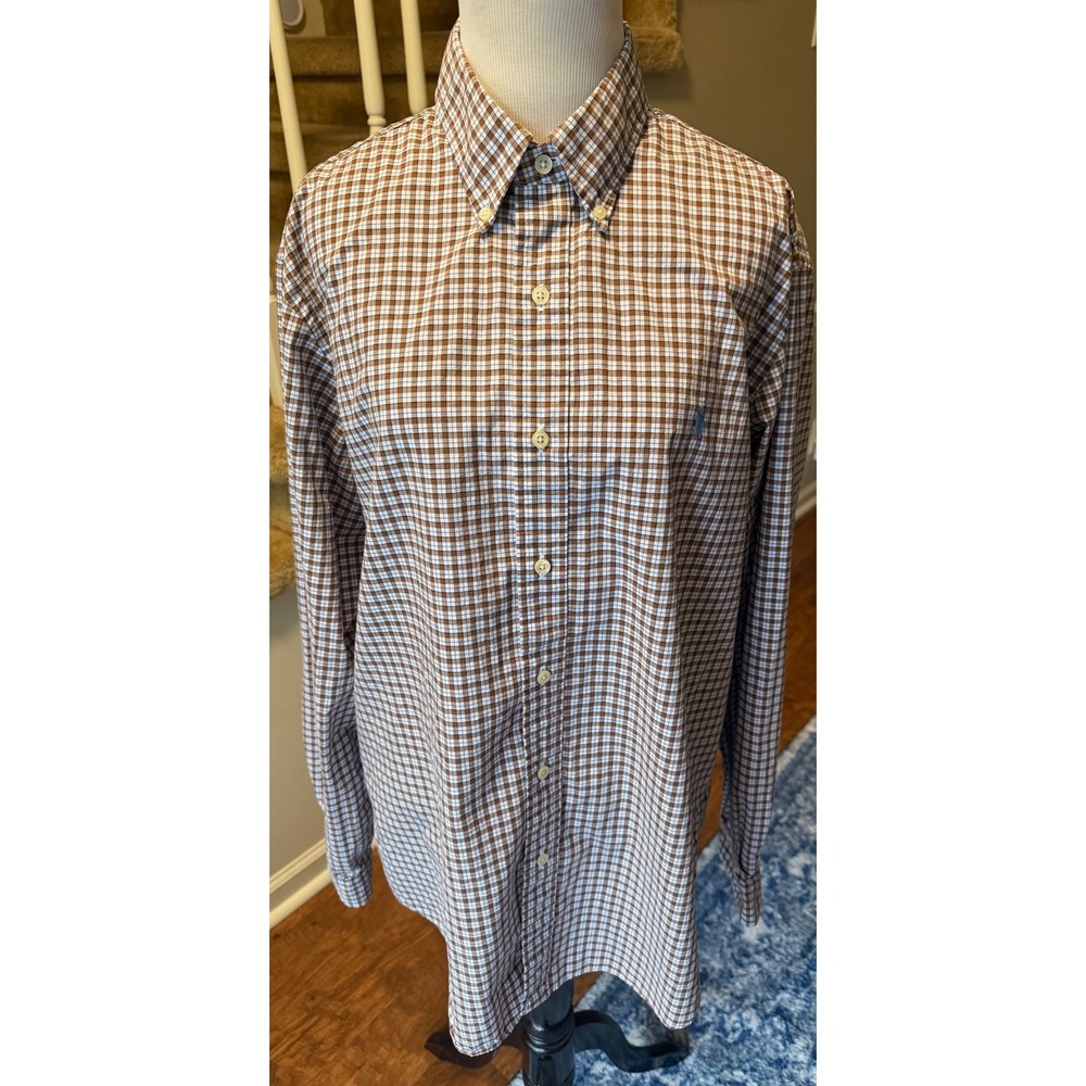 Ralph Lauren Mens Gingham Check Button Down Shirt Brown White Blue Stretch Large